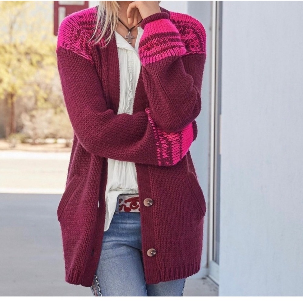 NWT Sundance Cardigan Sweater Women Small Burgundy Pink Chunky Knit Wool Blend